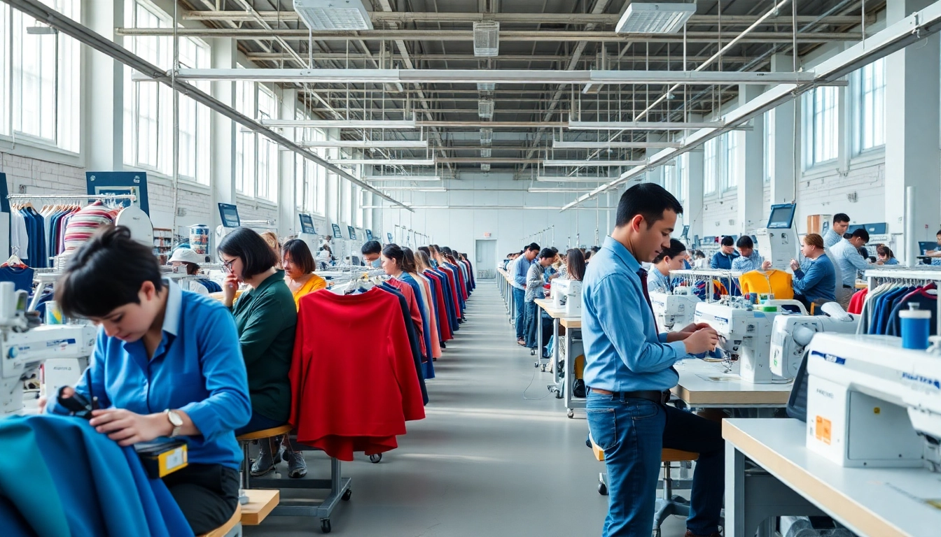 OEM clothing manufacturers operating a vibrant production line with skilled workers and colorful textiles.