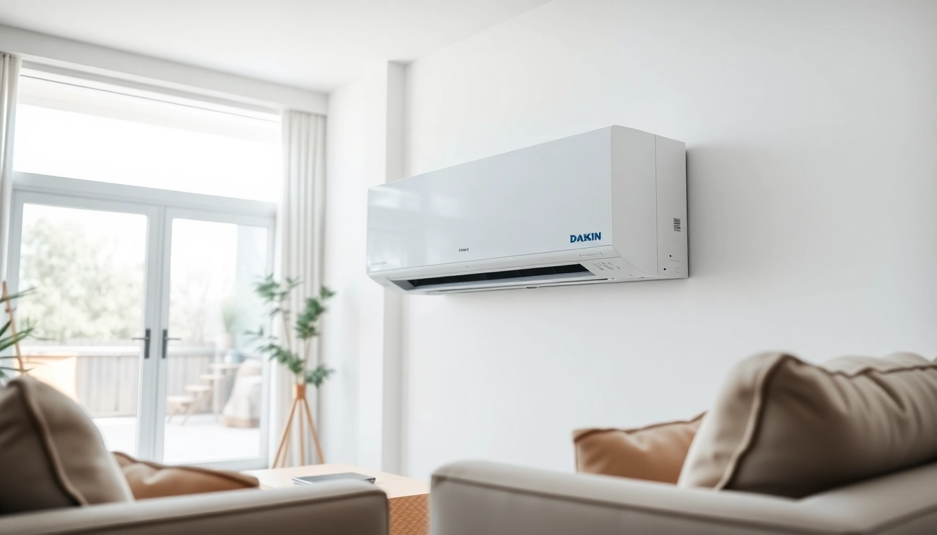 Install daikin mini split AC unit in a bright living room with modern decor.