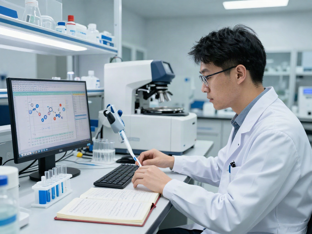 Scientist conducting MOTS-C research in a clinical lab environment with advanced analysis tools.