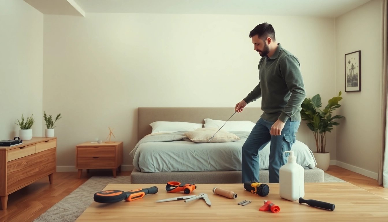 Bed bug pest control professional inspecting a bedroom for bed bug treatment.