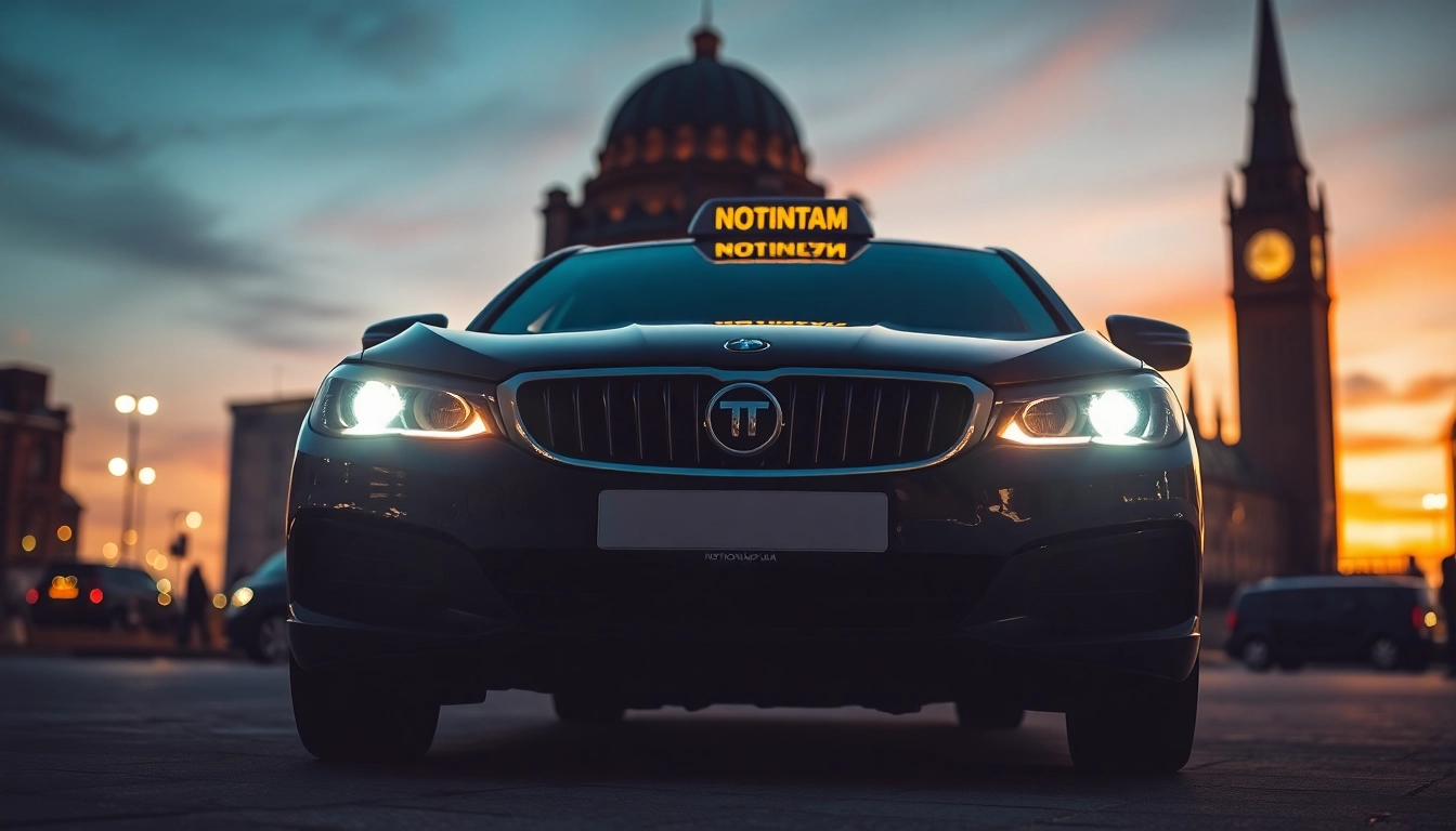 Book reliable taxi Nottingham to Birmingham Airport with a professional car in an urban sunset setting.