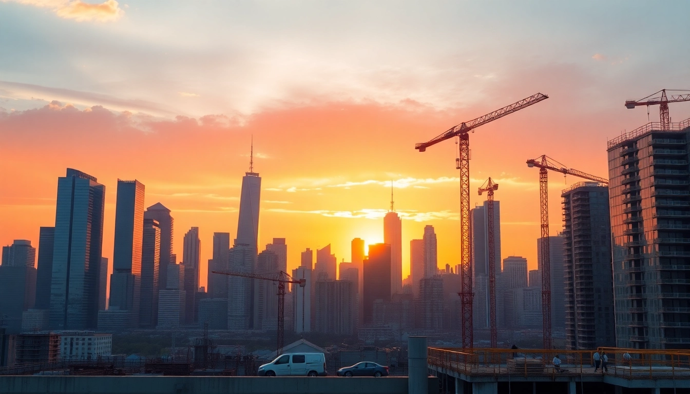 Showcase of top properties developers with a vibrant city skyline and active construction site.
