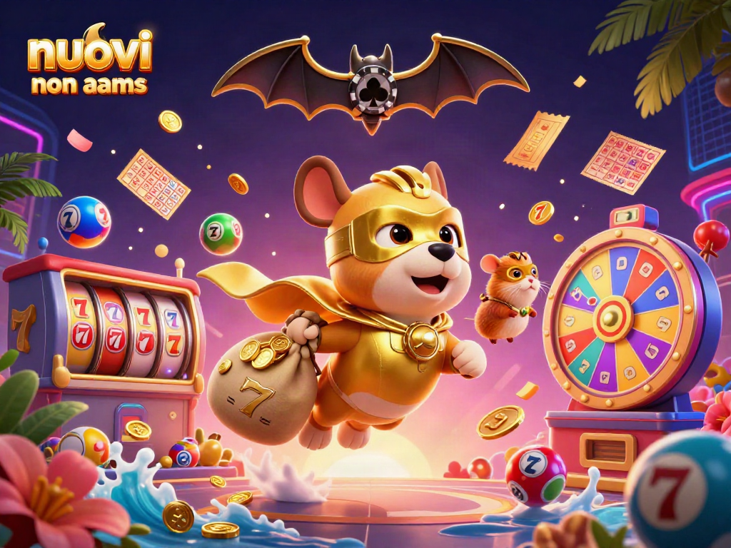 Gioca con i nuovi casino non aams, mentre un supereroe e un criceto volano con monete e divertimento.