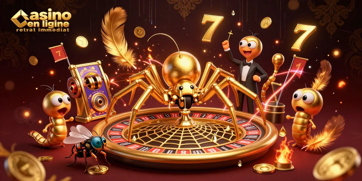 Visualisez un casino en ligne retrait immédiat avec une araignée dorée et un croupier centipède dans une scène de jeu animée.