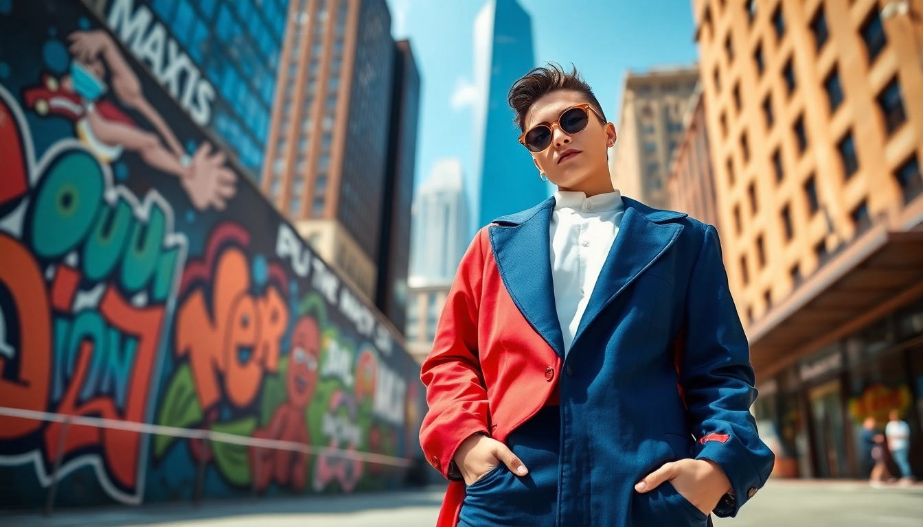 Captivating fashion model showcasing urban styles in a vibrant cityscape.