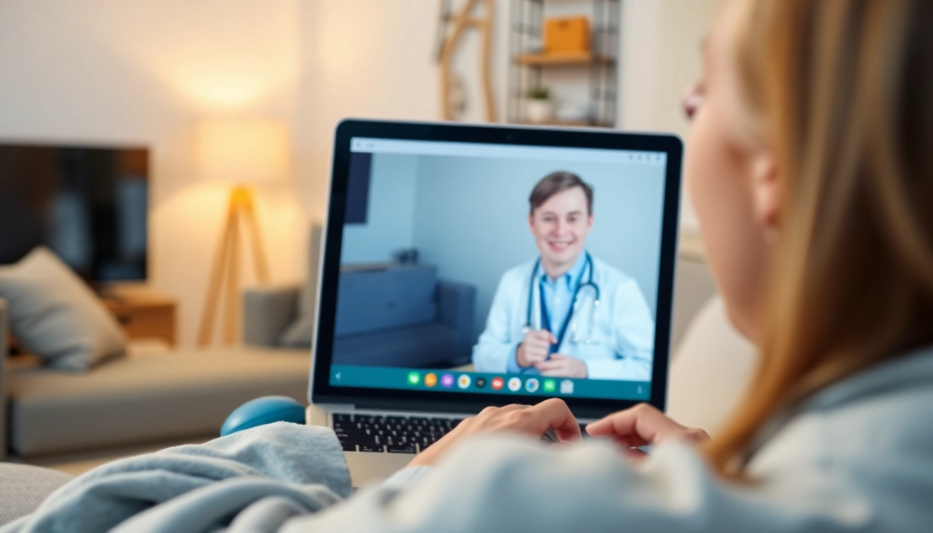 Engage in an online urgent care doctor visit from home, showcasing a patient smiling during a video consultation.