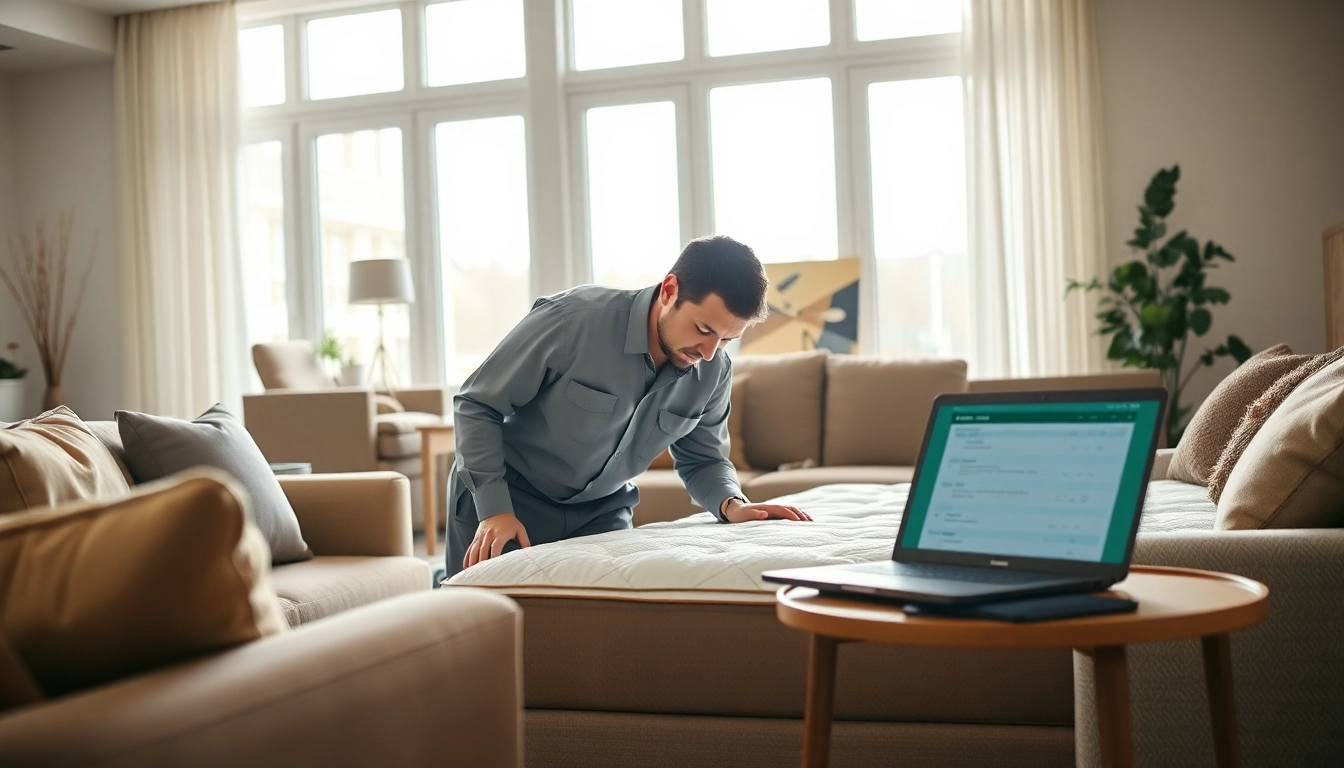 Technician performing bed bug pest control in a modern living room, ensuring thorough inspection.