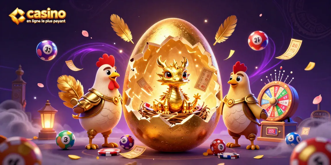 Le casino en ligne le plus payant présente un dragon doré sur une pile de jetons, entouré de ballons de loterie colorés.