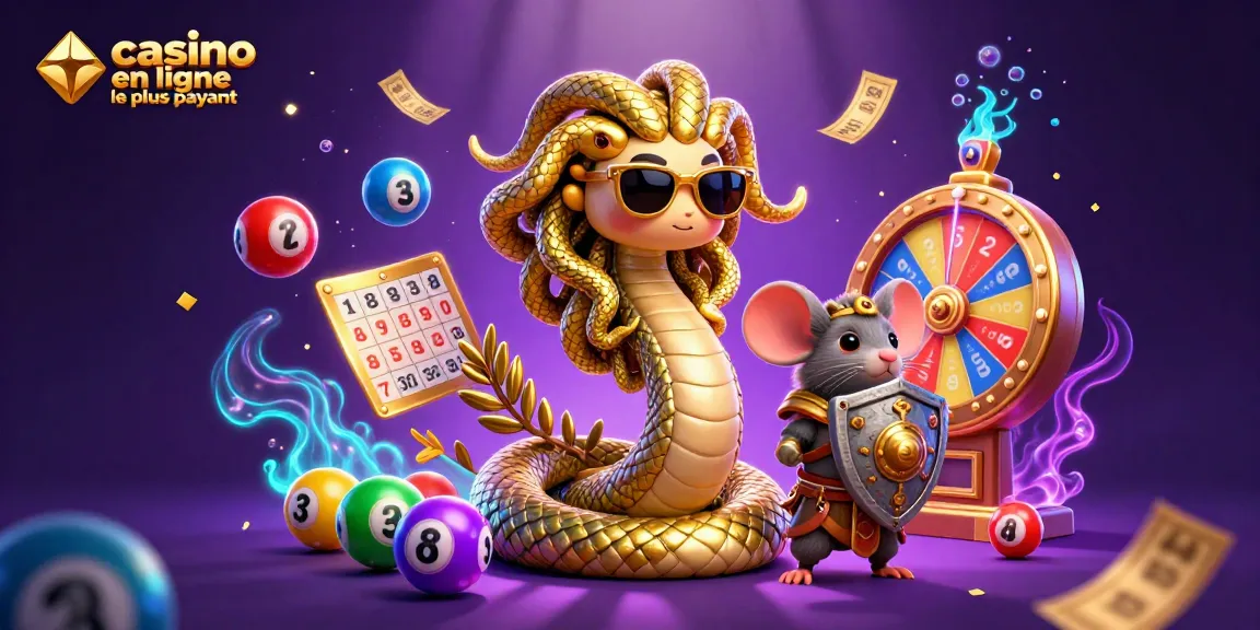 Illustration animée 3D de Méduse et souris guerrière au casino en ligne le plus payant avec des éléments de loterie.