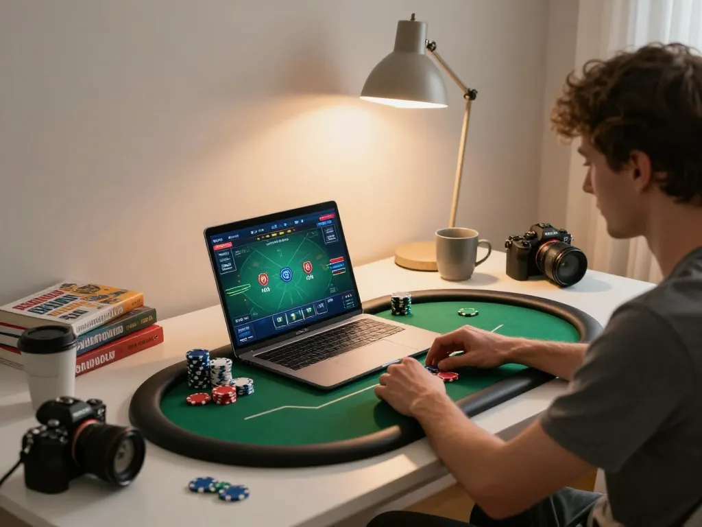 The hidden wiki status is under risk while enjoying online poker on a laptop in a cozy home environment