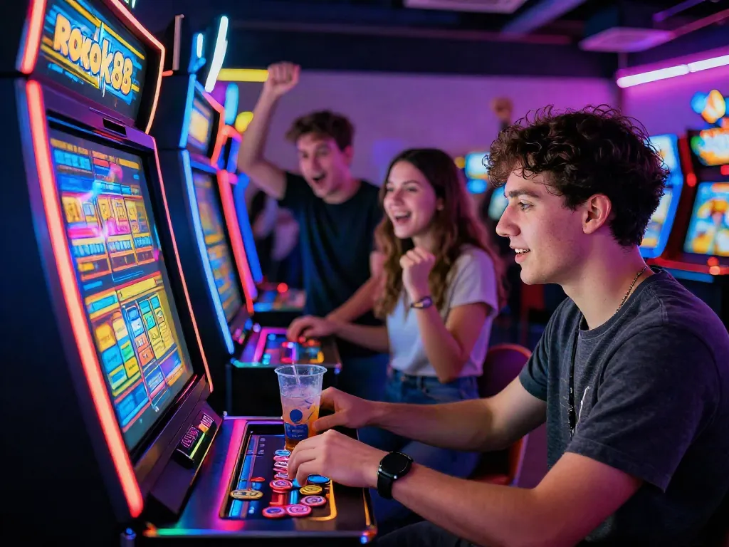 Player enjoys the rokok88 slot in a vibrant gaming arcade filled with colorful lights and excitement.