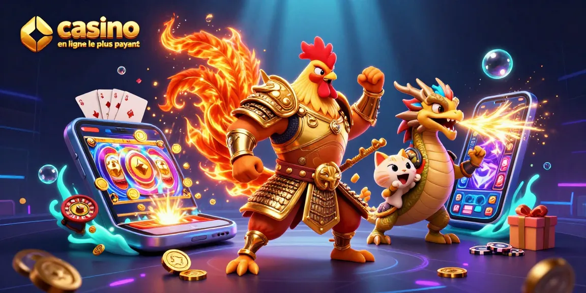 Illustration dynamique du casino en ligne le plus payant avec un coq guerrier en armure et un dragon, entourés de jeux d'argent.