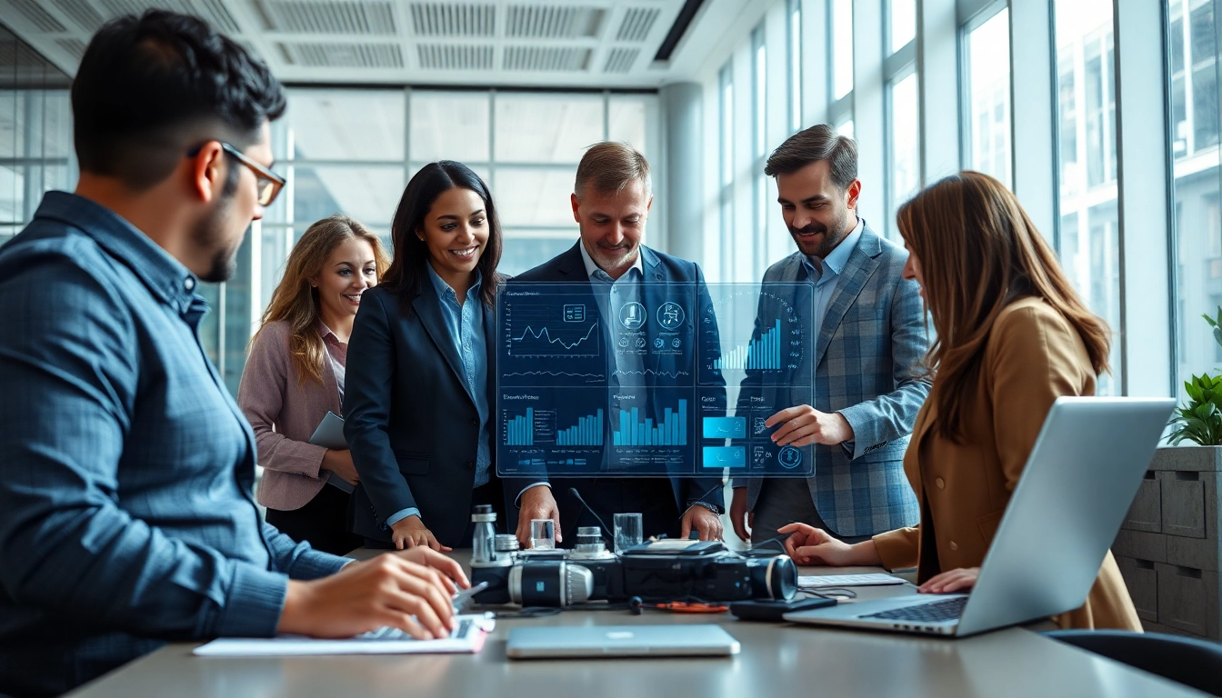 Engaging collaboration in Technology with professionals around a digital interface.