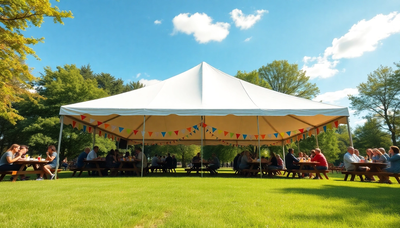 Gathering under a canopy tent featuring colorful decor in a vibrant outdoor setting.