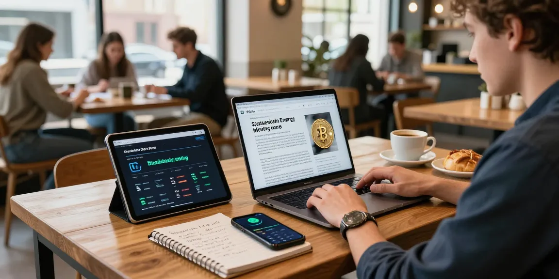 sustainable bitcoin mining insights in a coffee shop with blockchain tech, digital wallet, and eco-friendly energy sources.