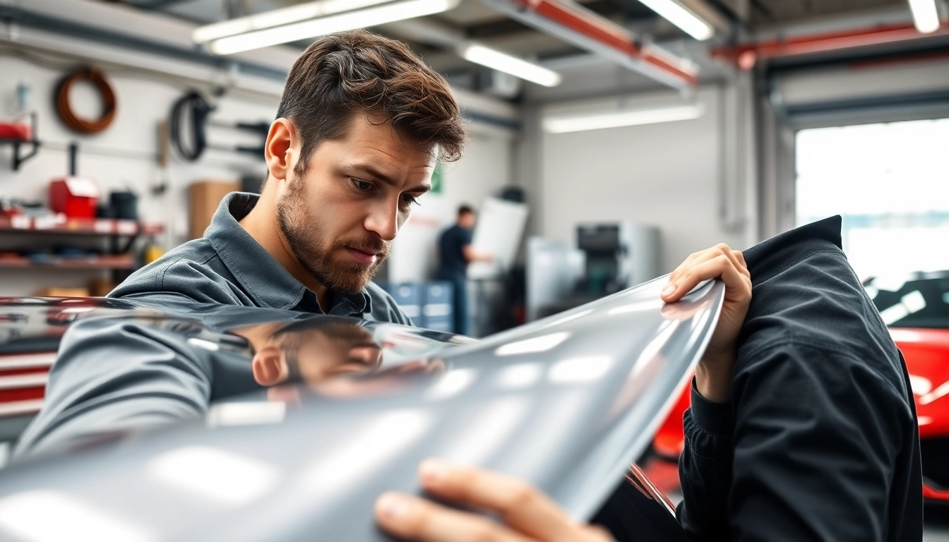 Applying paint protection film near me, showcasing a technician at work in a professional setting.