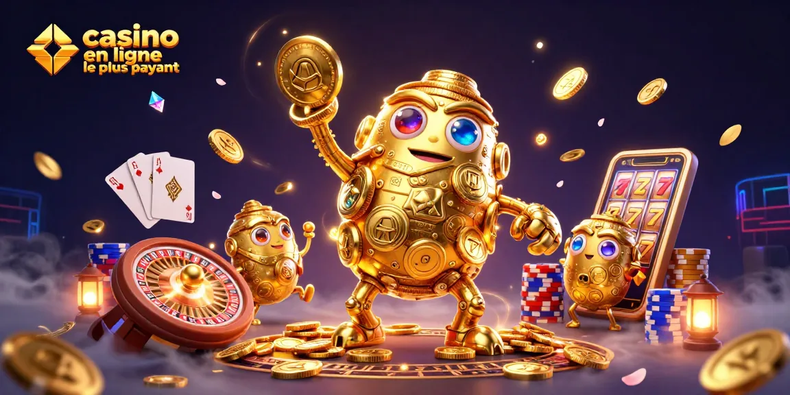 Une illustration de jeu captivante avec des éléments de casino, comme des golems en or et des pièces volantes, rappelant le casino en ligne le plus payant.