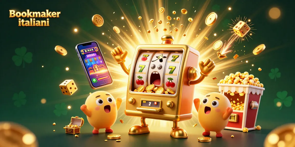 Bookmaker italiani: slot machine d'oro festeggia un jackpot con una pioggia di monete e simboli magici.