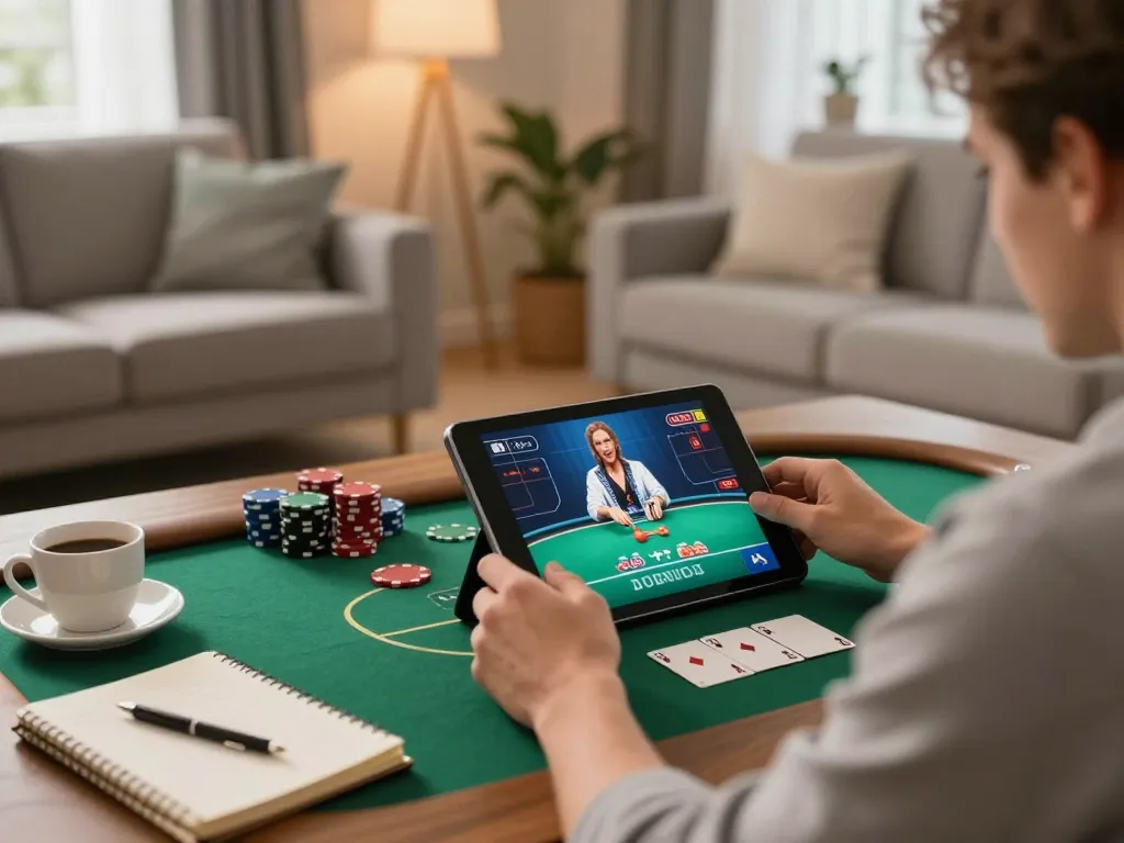 Navigating nutri health while enjoying an online poker game at home, showcasing strategic side of gaming.