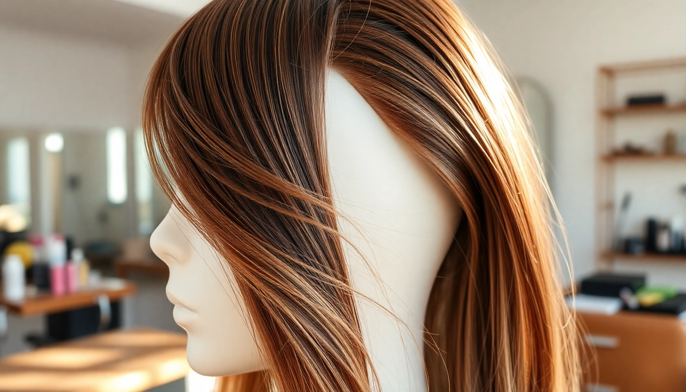 Sew in weft hair extensions displayed beautifully on a mannequin in a salon setting.