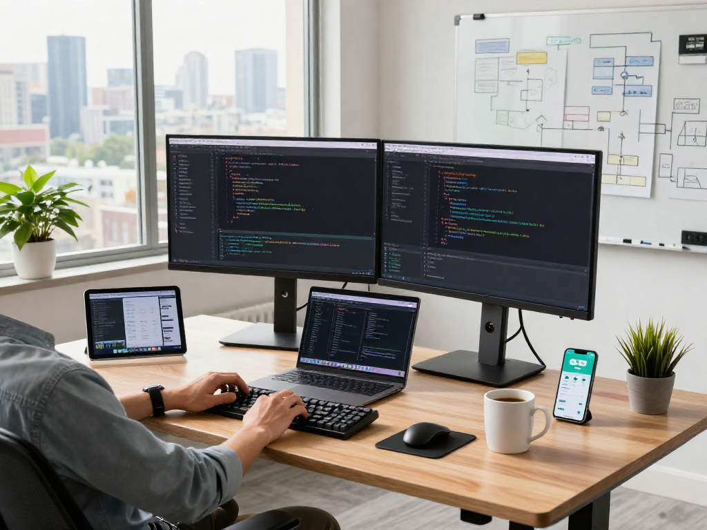 Developer coding on dual monitors in a bright tech workspace, showcasing crushon ai software innovations and productivity.