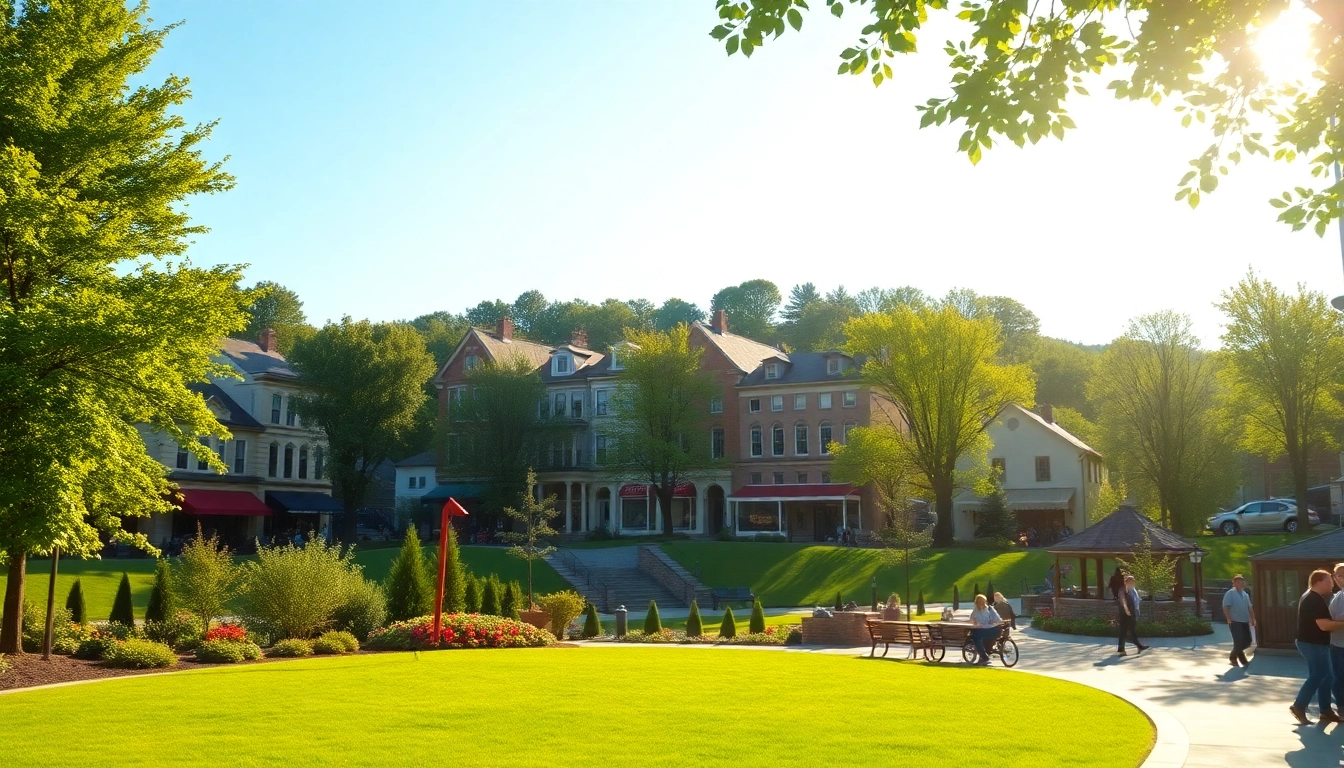 Clarksburg park with historic buildings and residents enjoying the sunny day.