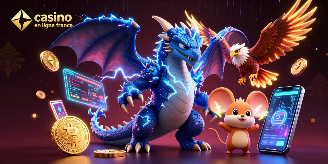 Illustration représentant un casino en ligne France avec des dragons et des éléments de jeu numérique captivants.