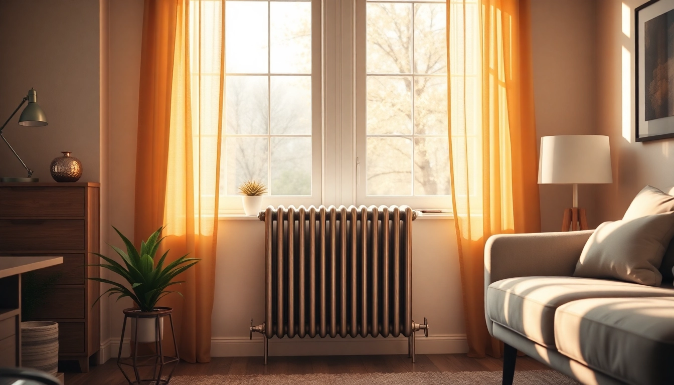 heizkörper kaufen - Eleganter Heizkörper in einem gemütlichen Wohnzimmer mit warmem Licht.