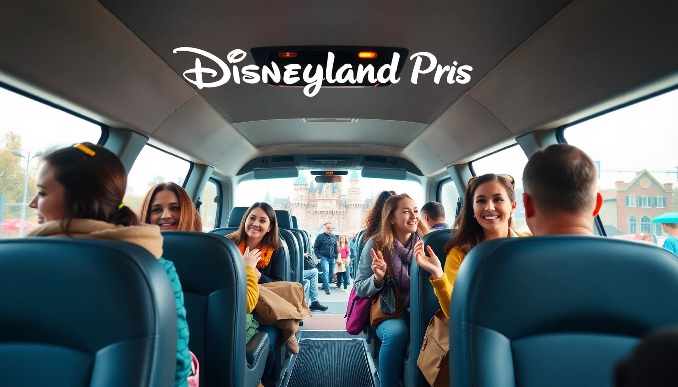Travelers enjoying Disneyland Paris airport transfer services with a modern shuttle bus.