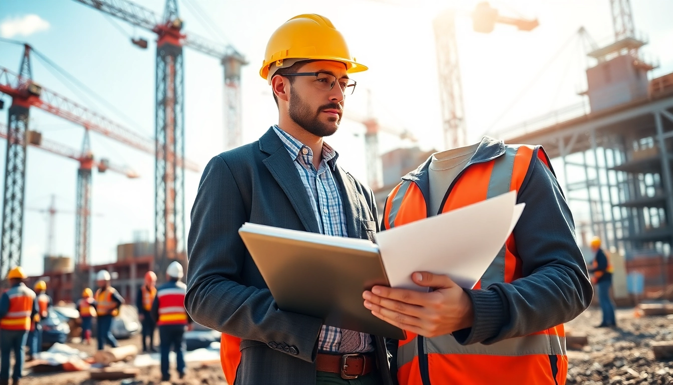 New York Construction Manager examining blueprints at a busy construction site filled with activity.