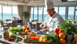 Private chef St Martin creating a gourmet meal in a luxurious villa kitchen with fresh ingredients.