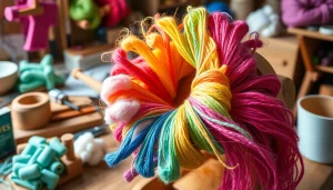 Maak wafel katoen met kleurrijke draden in een creatieve werkplaats.