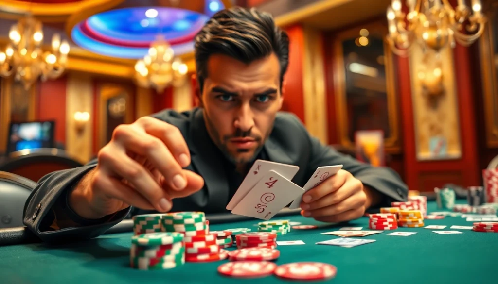 Menampilkan bandar togel yang beraksi dengan kartu dan chip di meja poker penuh warna.