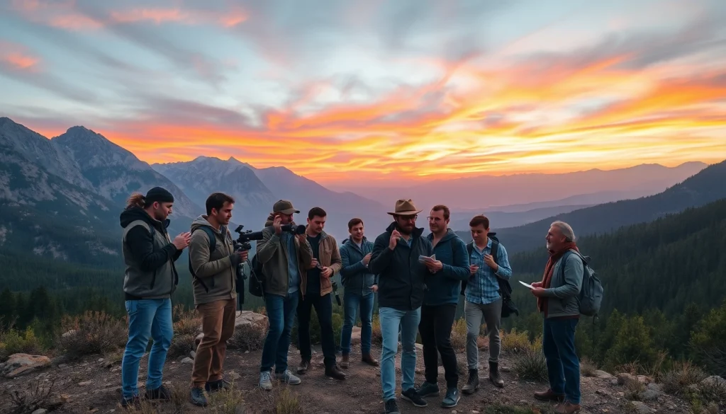 Engaging in location scouting to find ideal film settings with a professional crew in scenic landscapes.