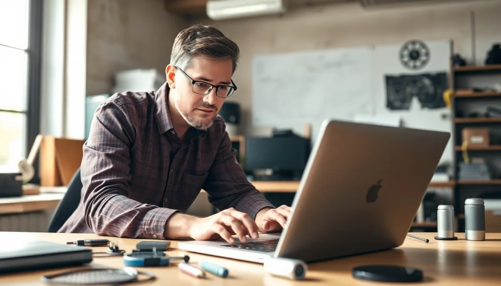 Expertly providing computer help near me in a bright tech workspace.