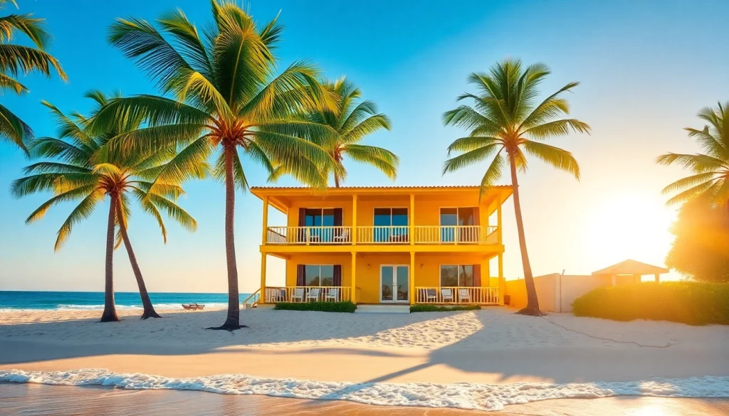 Experience the charm of coastal cabana with its bright yellow exterior and stunning beach views.