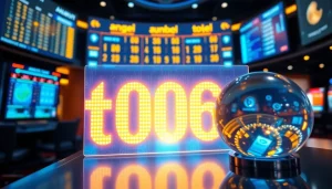 Menggambarkan angka togel yang menonjol di dalam tampilan hasil undian lotere digital yang futuristik dan berwarna cerah.