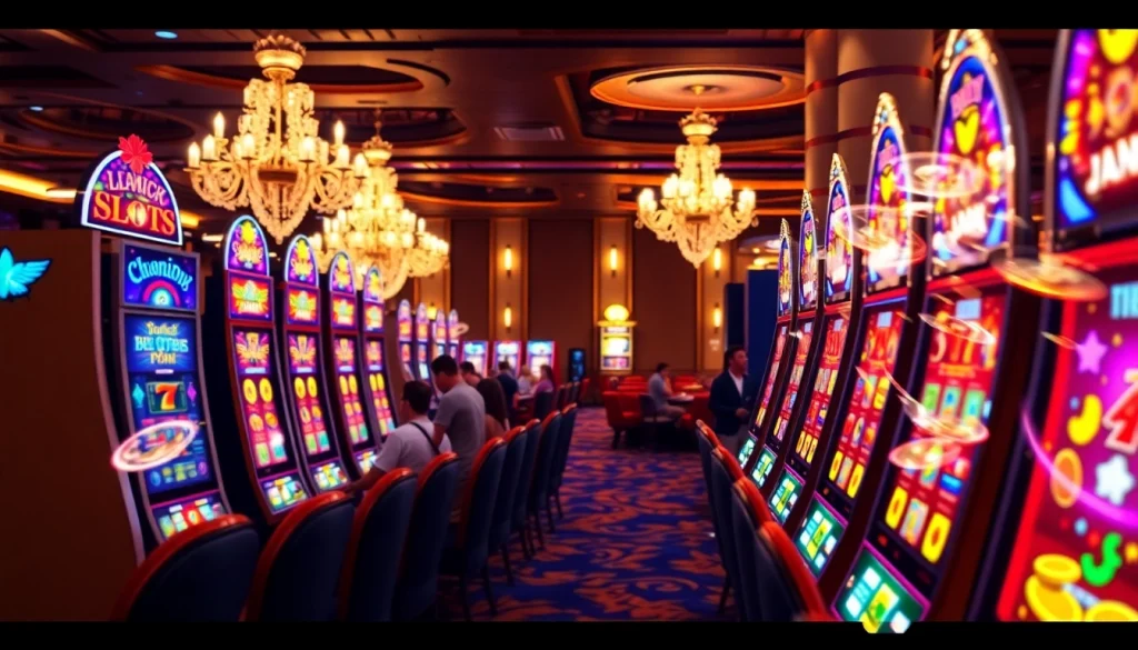 Menampilkan situs slot gacor dengan mesin slot berwarna cerah dan pemain yang bersuka cita.