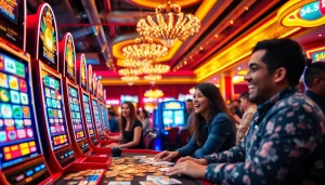 Menampilkan permainan slot togel dengan pemain antusias dan suasana kasino yang hidup.