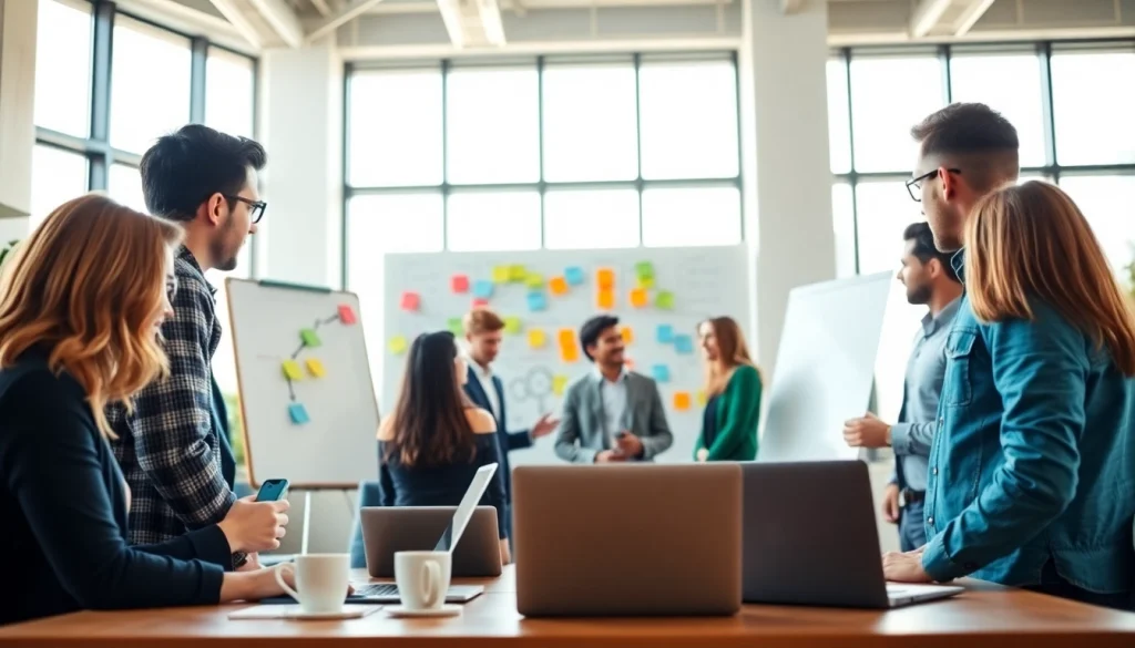 Engaging team collaborating on Good Wolf Marketing strategies at a modern office setup.