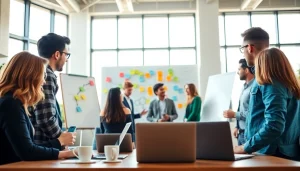 Engaging team collaborating on Good Wolf Marketing strategies at a modern office setup.