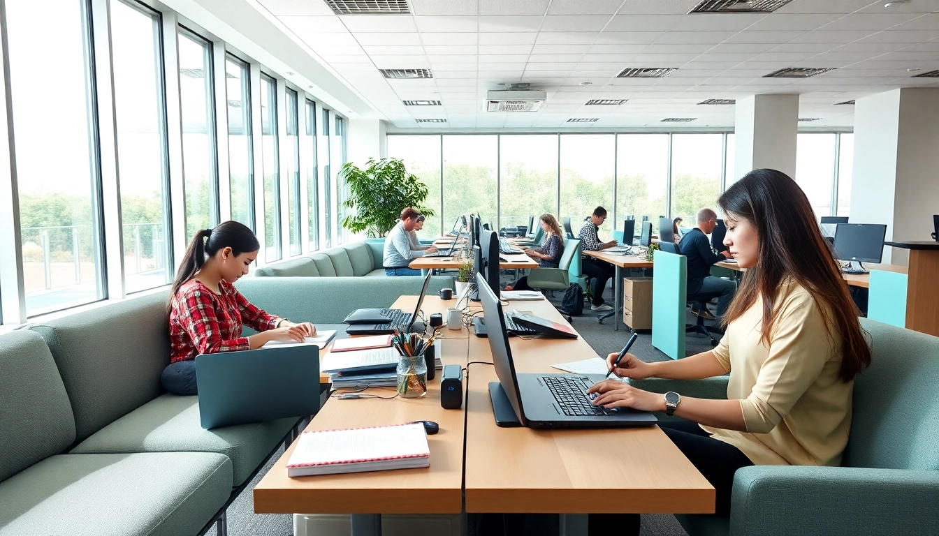 Enhance your skills at our typing center with professionals collaborating in a bright, engaging workspace.