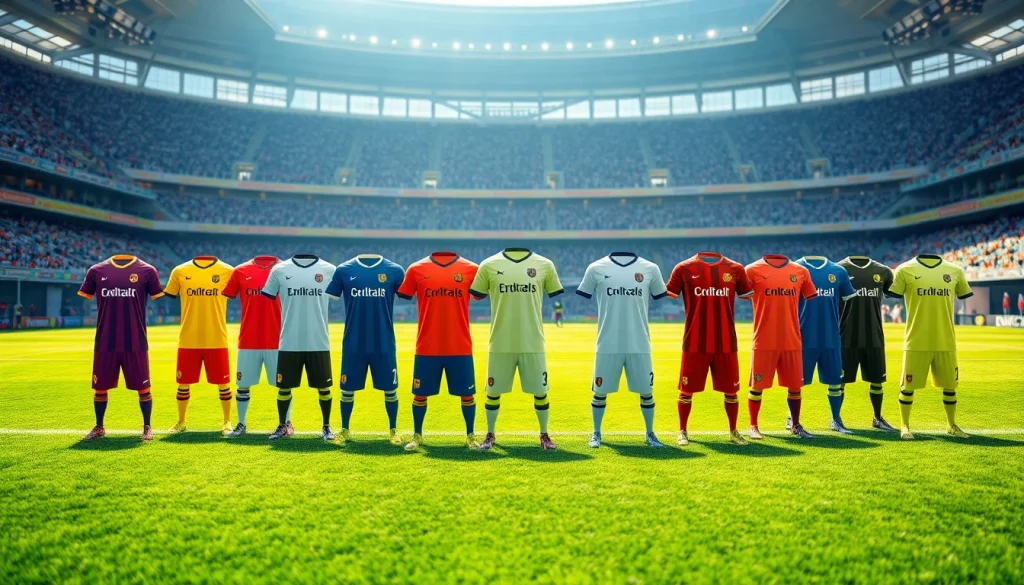 Showcasing various team football kits on a soccer field with vibrant colors and energetic atmosphere.