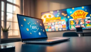 Menggambarkan suasana bandar toto dengan laptop modern dan grafik permainan digital yang menarik.