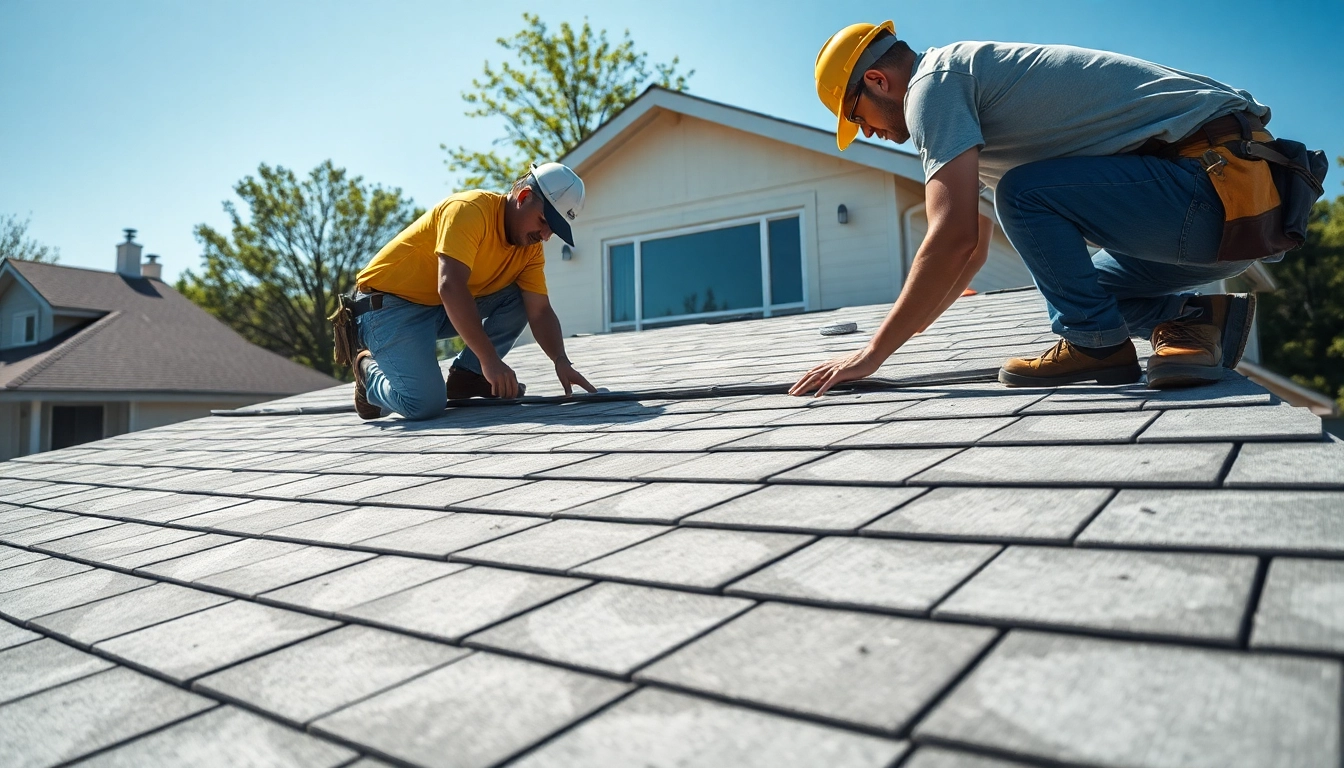 Installers providing high-quality roofing solutions to a residential property under bright sunlight.