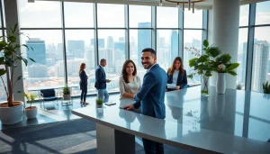 Engaging real estate agent assisting clients in a modern office environment.