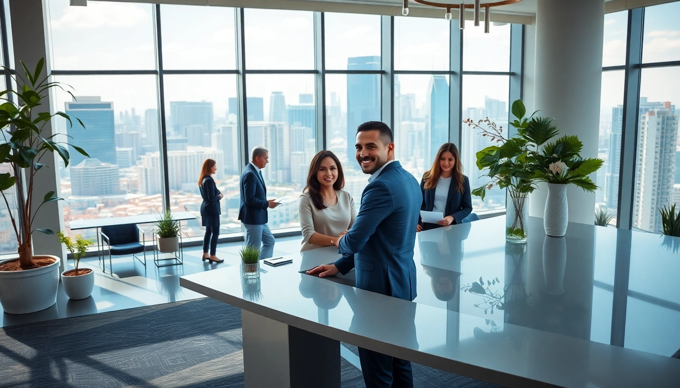 Engaging real estate agent assisting clients in a modern office environment.