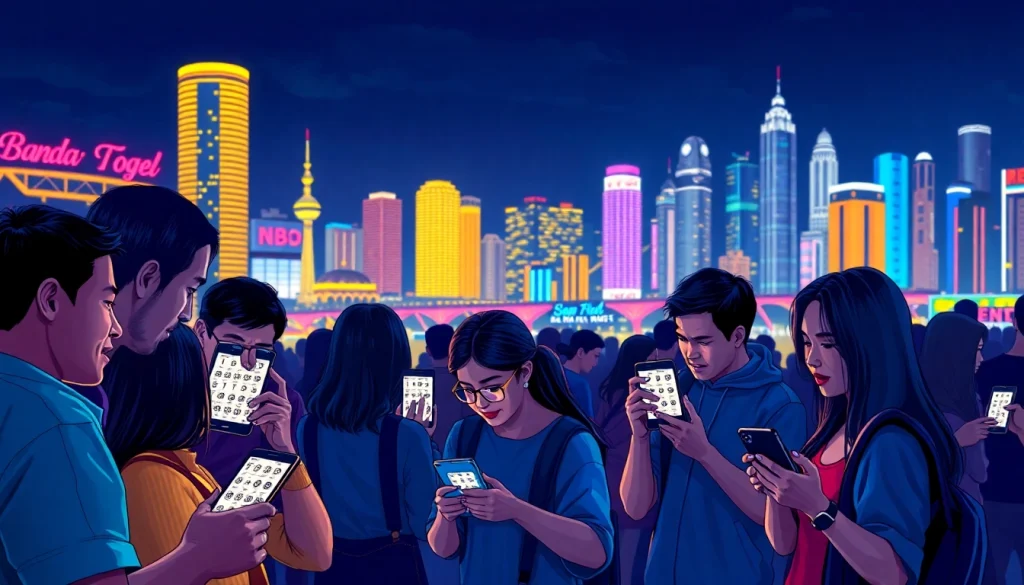 Menikmati bandar togel online dengan penggemar lottery yang bersemangat memeriksa angka di perangkat digital.