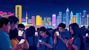 Menikmati bandar togel online dengan penggemar lottery yang bersemangat memeriksa angka di perangkat digital.