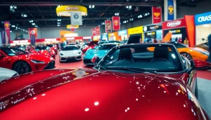 Showcase of various vehicles at an Auto Cars Show, highlighting vibrant designs and enthusiastic crowds.